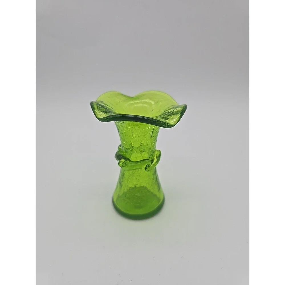 Vintage Green Crackle Glass Wavy Rim Vase